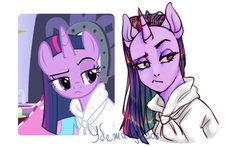 Size: 1040x612 | Tagged: safe, artist:ccabaleria, twilight sparkle, alicorn, pony, g4, alternate hairstyle, ambiguous facial structure, clothes, female, lidded eyes, mare, raised eyebrow, robe, scene interpretation, screencap reference, simple background, solo, spa, twilight sparkle (alicorn), white background