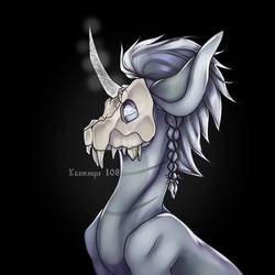 Size: 894x894 | Tagged: safe, artist:ccabaleria, oc, oc only, pony, unicorn, black background, braid, bust, glowing horn, horn, request, simple background, skull, skull mask, solo, watermark