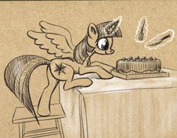 Size: 941x733 | Tagged: safe, artist:el-yeguero, twilight sparkle, alicorn, pony, g4, butt, cake, female, food, fork, glowing horn, horn, knife, magic, mare, plot, smiling, solo, telekinesis, traditional art, twilight sparkle (alicorn)