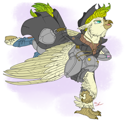 Size: 3000x3000 | Tagged: safe, artist:sourcherry, oc, oc only, classical hippogriff, hippogriff, armor, claws, clothes, coat, galloping, hat, high res, hippogriff oc, pants, solo, wasteland ventures, wings