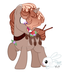 Size: 1600x1749 | Tagged: safe, artist:dianamur, angel bunny, oc, food pony, ice cream pony, pony, rabbit, unicorn, g4, animal, bell, bell collar, collar, colored eartips, deviantart watermark, food, ice cream, male, obtrusive watermark, pirouette cookie, ponified, simple background, stallion, strawberry, transparent background, watermark