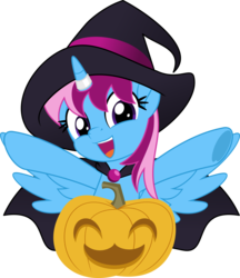 Size: 5000x5777 | Tagged: safe, artist:jhayarr23, oc, oc only, oc:parcly taxel, alicorn, pony, absurd resolution, alicorn oc, cape, clothes, commission, female, halloween, hat, holiday, horn, horn ring, jack-o-lantern, looking at you, mare, movie accurate, pumpkin, simple background, smiling, solo, spread wings, transparent background, vector, wings, witch, witch hat