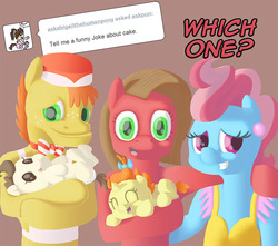 Size: 907x800 | Tagged: safe, artist:crispokefan, carrot cake, cup cake, pound cake, pumpkin cake, oc, oc:pun, pony, ask pun, g4, ask, cake twins, siblings, twins