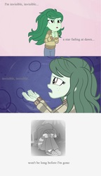 Size: 1922x3345 | Tagged: safe, edit, edited screencap, screencap, wallflower blush, equestria girls, equestria girls series, forgotten friendship, g4, leak, abstract background, implied suicide, invisible (song), lyrics, sad, song reference, text, text edit