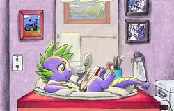 Size: 2048x1309 | Tagged: safe, artist:tillie-tmb, derpibooru exclusive, shining armor, spike, twilight sparkle, twilight velvet, dragon, fanfic:spectrum of lightning, series:daring did tales of an adventurer's companion, g4, bathroom, book, colored pencil drawing, cute, journal, male, mirror, picture frame, reading, sink, spikabetes, story included, toilet, traditional art