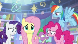 Size: 1920x1080 | Tagged: safe, screencap, fluttershy, pinkie pie, rainbow dash, rarity, spike, dragon, pony, g4, the ending of the end, winged spike, wings