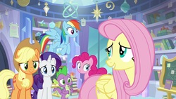 Size: 1920x1080 | Tagged: safe, screencap, applejack, fluttershy, pinkie pie, rainbow dash, rarity, spike, dragon, pony, g4, the ending of the end, winged spike, wings