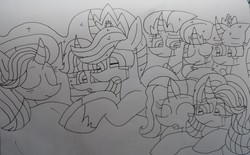Size: 4597x2848 | Tagged: safe, artist:徐詩珮, fizzlepop berrytwist, glitter drops, luster dawn, spring rain, starlight glimmer, tempest shadow, twilight sparkle, oc, oc:bubble sparkle, oc:sunny glimmer, alicorn, pony, unicorn, series:sprglitemplight diary, g4, the last problem, alicornified, bed, broken horn, crying, death, female, glittercorn, horn, lesbian, lineart, mare, mother and daughter, next generation, offspring, older, older glitter drops, older spring rain, older starlight glimmer, older tempest shadow, older twilight, older twilight sparkle (alicorn), parent:glitter drops, parent:spring rain, parent:starlight glimmer, parent:sunburst, parent:tempest shadow, parent:twilight sparkle, parents:glittershadow, parents:sprglitemplight, parents:springdrops, parents:springshadow, parents:springshadowdrops, parents:starburst, polyamory, princess twilight 2.0, race swap, ship:glitterlight, ship:glittershadow, ship:sprglitemplight, ship:springdrops, ship:springlight, ship:springshadow, ship:springshadowdrops, ship:tempestlight, shipping, siblings, sisters, springcorn, tempesticorn, traditional art, twilight sparkle (alicorn)