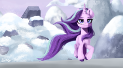 Size: 793x442 | Tagged: safe, artist:livitoza, starlight glimmer, pony, unicorn, g4, the ending of the end, badass, cool guys don't look at explosions, female, mare, scene interpretation, snow, solo, walking