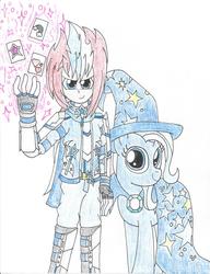 Size: 1700x2212 | Tagged: safe, artist:piplupstarscommander, trixie, human, pony, unicorn, g4, crossover, playing card, traditional art