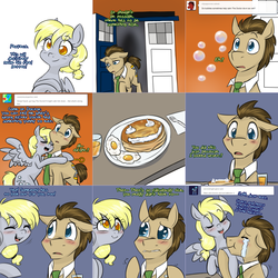 Size: 2254x2254 | Tagged: safe, artist:jitterbugjive, derpy hooves, doctor whooves, time turner, earth pony, pegasus, pony, lovestruck derpy, g4, blushing, bubble blower, crossover, crying, doctor who, egg, female, food, high res, male, mare, pancakes, stallion, tardis, tears of joy, the doctor