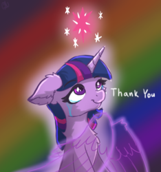 Size: 1537x1639 | Tagged: safe, artist:nighty, derpibooru exclusive, twilight sparkle, alicorn, pony, unicorn, g4, artificial wings, augmented, chest fluff, crying, cutie mark, ear fluff, end of ponies, female, fluffy, happy birthday mlp:fim, horn, magic, magic wings, mlp fim's ninth anniversary, rainbow background, smiling, solo, tears of joy, twilight sparkle (alicorn), unicorn twilight, wings