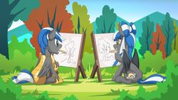 Size: 1024x576 | Tagged: safe, artist:mysticalpha, oc, oc only, oc:cloud zapper, oc:midnight rush, bat pony, pegasus, pony, armor, bat pony oc, female, forest, male, mare, stallion
