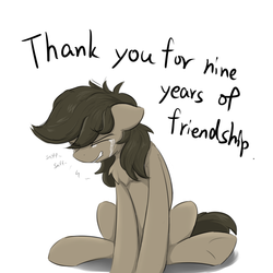 Size: 1024x1024 | Tagged: safe, artist:d.w.h.cn, oc, oc only, pony, crying, end of ponies, happy birthday mlp:fim, mlp fim's ninth anniversary, series finale blues, sitting, solo