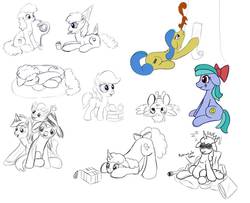 Size: 992x805 | Tagged: safe, artist:redquoz, oc, unnamed oc, earth pony, pegasus, pony, squirrel, unicorn, :p, bow, colored sketch, group, hair bow, party hats, sketch, sketch dump, sleeping, tail bow, tongue out