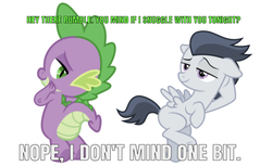 Size: 750x459 | Tagged: safe, artist:lightningbolt, artist:sollace, edit, editor:undeadponysoldier, rumble, spike, dragon, pegasus, pony, g4, bedroom eyes, colt, everypony's gay for rumble, everypony's gay for spike, gay, implied snuggling, implied snuggling in bed, male, ship:rumblespike, shipping, show accurate, simple background, white background