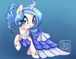 Size: 1600x1226 | Tagged: safe, artist:starshinebeast, oc, oc only, oc:opuscule antiquity, pony, unicorn, clothes, dress, female, gala dress, gradient background, looking at you, mare, solo