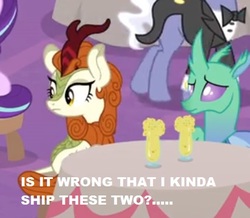 Size: 410x358 | Tagged: safe, edit, edited screencap, screencap, autumn blaze, earl grey, soupling, starlight glimmer, changedling, changeling, kirin, pony, g4, the last problem, applesauce, autumn soup, chair, coronation, crack shipping, cropped, glass, looking to the left, male, ponies sitting next to each other, question, shipping, sitting, stallion, table, text