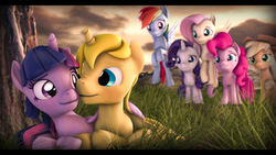 Size: 3840x2160 | Tagged: safe, artist:imafutureguitarhero, applejack, fluttershy, pinkie pie, rainbow dash, rarity, twilight sparkle, oc, oc:golden scribe, alicorn, pegasus, pony, unicorn, g4, 3d, 4k, black bars, blushing, canon x oc, chromatic aberration, colored eyebrows, colored eyelashes, commission, female, field, film grain, floating, floppy ears, flying, grass, grin, group, high res, horn, letterboxing, lying down, male, mane six, mare, nose wrinkle, outdoors, revamped ponies, shipping, signature, sky, smiling, source filmmaker, tree, twilight sparkle (alicorn), wings