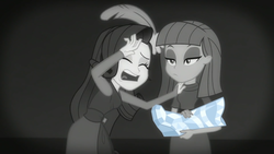 Size: 1920x1080 | Tagged: safe, screencap, maud pie, rarity, equestria girls, equestria girls series, g4, rarity investigates: the case of the bedazzled boot, bedazzled boot, black and white, drama queen, duo, duo female, feather, female, grayscale, hat, lidded eyes, marshmelodrama, monochrome, noir, open mouth, pillbox hat, rarity being rarity, rarity investigates (eqg): applejack