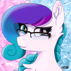 Size: 2160x2160 | Tagged: safe, artist:anthroponiessfm, oc, oc only, oc:aurora starling, earth pony, pony, blushing, chest fluff, cute, ear fluff, explicit source, female, glasses, heterochromia, high res, mare, solo