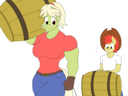 Size: 2193x1648 | Tagged: safe, artist:matchstickman, bright mac, granny smith, earth pony, anthro, g4, barrel, carrying, clothes, digital art, female, granny smash, male, mare, mother and son, muscles, simple background, smiling, young granny smith, younger