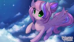 Size: 1920x1101 | Tagged: safe, artist:starshinebeast, oc, oc only, oc:sweet skies, pegasus, pony, cloud, female, flying, looking at you, mare, night, pegasus oc, sky, smiling, smiling at you, solo, spread wings, stars, wings