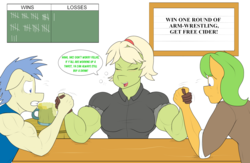 Size: 2524x1648 | Tagged: safe, artist:matchstickman, granny smith, earth pony, anthro, g4, arm wrestling, board, breasts, busty granny smith, clothes, digital art, drunk, eyes closed, female, granny smash, male, mare, muscles, shirt, smiling, stallion, young granny smith, younger