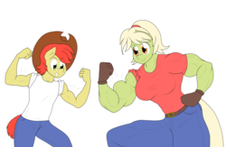 Size: 2524x1648 | Tagged: safe, artist:matchstickman, bright mac, granny smith, earth pony, anthro, g4, clothes, cowboy hat, digital art, female, flexing, granny smash, hat, male, mare, mother and son, muscles, pants, shirt, simple background, smiling, stetson, young granny smith, younger