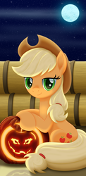 Size: 1440x2960 | Tagged: safe, artist:lifesharbinger, applejack, earth pony, pony, g4, applejack day, applejack-o-lantern, cowboy hat, cute, cutie mark, female, full moon, halloween, hat, hay bale, holiday, jack-o-lantern, jackabetes, looking at you, mare, moon, night, night sky, pumpkin, sitting, sky, smiling, solo, stars, stetson