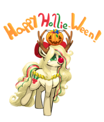 Size: 1416x1662 | Tagged: safe, artist:thrimby, oc, oc:hollie, earth pony, pony, christmas, clothes, costume, digital art, female, halloween, holiday, mare, red nose, simple background, solo, text, thrimby, transparent background