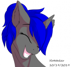 Size: 400x378 | Tagged: safe, artist:notetaker, oc, oc only, oc:dream vezpyre, oc:dream², pony, unicorn, cute, eyes closed, grin, ponytail, signature, smiling, solo
