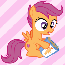 Size: 3102x3139 | Tagged: safe, artist:sollace, scootaloo, pegasus, pony, g4, bucket, bucket of chicken, cannibalism joke, female, filly, foal, food, high res, meat, open mouth, ponies eating meat, scootachicken, show accurate, simple background, sitting, solo, vector