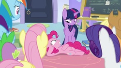 Size: 1920x1080 | Tagged: safe, screencap, applejack, fluttershy, pinkie pie, rainbow dash, rarity, spike, twilight sparkle, alicorn, pony, g4, the ending of the end, chalkboard, draw me like one of your french girls, female, mane six, twilight sparkle (alicorn)