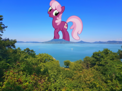 Size: 1980x1485 | Tagged: safe, artist:thegiantponyfan, cheerilee, earth pony, pony, g4, female, giant pony, giantess, highrise ponies, irl, macro, mare, mountain, photo, ponies in real life, tree