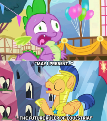 Size: 1272x1440 | Tagged: safe, edit, edited screencap, editor:wild stallions, screencap, flash sentry, spike, dragon, pony, g4, twilight's kingdom, balloon, faic, male, open mouth, ponyville, ponyville town hall, pun, royal guard, ruler, solo, stallion, sweat, the future ruler of equestria, wordplay