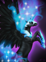 Size: 887x1200 | Tagged: safe, artist:jitterbugjive, nightmare moon, alicorn, pony, g4, ethereal mane, female, mare, realistic horse legs, rearing, solo, spread wings, starry mane, wings