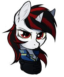Size: 1600x1914 | Tagged: safe, artist:tatykin, oc, oc only, oc:blackjack, pony, unicorn, fallout equestria, fallout equestria: project horizons, bust, ear fluff, fanfic art, looking at you, portrait, simple background, solo, vault security armor, white background