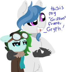 Size: 962x1058 | Tagged: safe, artist:nootaz, oc, oc only, oc:delta dart, oc:gryph xander, hippogriff, pegasus, pony, annoyed, clothes, dialogue, goggles, happy, size difference, talons