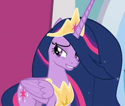 Size: 1280x1080 | Tagged: safe, screencap, twilight sparkle, alicorn, pony, g4, the last problem, concave belly, cropped, crown, female, grin, jewelry, mare, older, older twilight, older twilight sparkle (alicorn), out of context, princess twilight 2.0, regalia, slender, smiling, solo, tall, thin, twilight sparkle (alicorn)