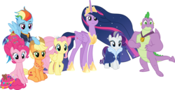 Size: 2690x1387 | Tagged: safe, artist:frownfactory, applejack, fluttershy, pinkie pie, rainbow dash, rarity, spike, twilight sparkle, alicorn, dragon, earth pony, pegasus, pony, unicorn, g4, the last problem, .svg available, alternate hairstyle, cloak, clothes, female, gigachad spike, hat, horn, jewelry, male, mare, medal, older, older applejack, older fluttershy, older pinkie pie, older rainbow dash, older rarity, older spike, older twilight sparkle (alicorn), princess twilight 2.0, regalia, simple background, svg, transparent background, twilight sparkle (alicorn), vector, wings