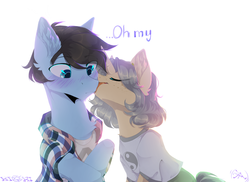 Size: 1690x1229 | Tagged: safe, artist:hakkerman, oc, oc:tony loser, oc:trickate, earth pony, pony, unicorn, blushing, clothes, eyes closed, face licking, female, licking, male, oh my, shirt, size difference, straight, surprised, tonate, tongue out