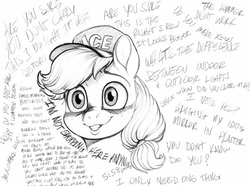 Size: 750x557 | Tagged: artist needed, safe, applejack, g4, ace hardware, black and white, blank eyes, bust, customer service, hat, text, traditional art, worker