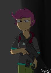Size: 1024x1449 | Tagged: safe, artist:sneakycsgo, scootaloo, equestria girls, g4, ar 15, clothes, female, gun, hoodie, school shooting, solo, this will end in death, this will end in tears, this will end in tears and/or death, weapon