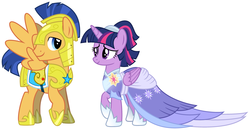 Size: 2045x1062 | Tagged: safe, artist:sonofaskywalker, edit, flash sentry, twilight sparkle, alicorn, pegasus, pony, g4, the last problem, armor, clothes, coronation, coronation dress, dress, female, knight, looking at each other, male, princess, royal guard, royal guard armor, second coronation dress, ship:flashlight, shipping, simple background, straight, twilight sparkle (alicorn), white background