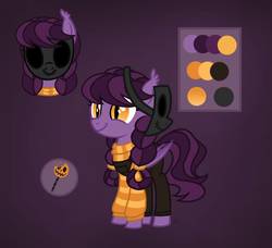 Size: 937x853 | Tagged: safe, artist:pgthehomicidalmaniac, oc, oc only, oc:trickster treat, bat pony, pony, clothes, female, filly, overalls, reference sheet, solo, sweater