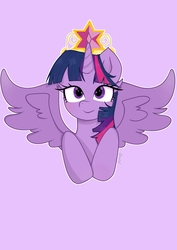 Size: 2894x4093 | Tagged: safe, artist:nutsfify, twilight sparkle, alicorn, pony, g4, big crown thingy, bust, cute, element of magic, female, high res, jewelry, mare, portrait, purple background, redraw, regalia, simple background, solo, spread wings, twiabetes, twilight sparkle (alicorn), wings