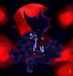 Size: 2204x2301 | Tagged: safe, artist:midnightfire1222, nightmare moon, alicorn, bat pony, bat pony alicorn, pony, g4, blood moon, cloven hooves, ethereal mane, female, high res, mare, moon, nightmare night, solo, spread wings, starry mane, wings