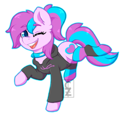 Size: 2102x1943 | Tagged: safe, artist:cleoziep, oc, oc only, oc:panda shade, earth pony, pony, clothes, collar, female, hoodie, mare, one eye closed, simple background, socks, striped socks, transparent background, wink