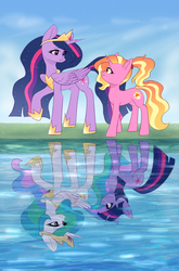 Size: 2900x4400 | Tagged: safe, artist:avrameow, luster dawn, princess celestia, twilight sparkle, alicorn, pony, unicorn, g4, the last problem, altered reflection, comparison, end of ponies, female, full circle, high res, looking at each other, mare, older, older twilight, older twilight sparkle (alicorn), princess twilight 2.0, reflection, teacher and student, twilight sparkle (alicorn), unicorn twilight, water